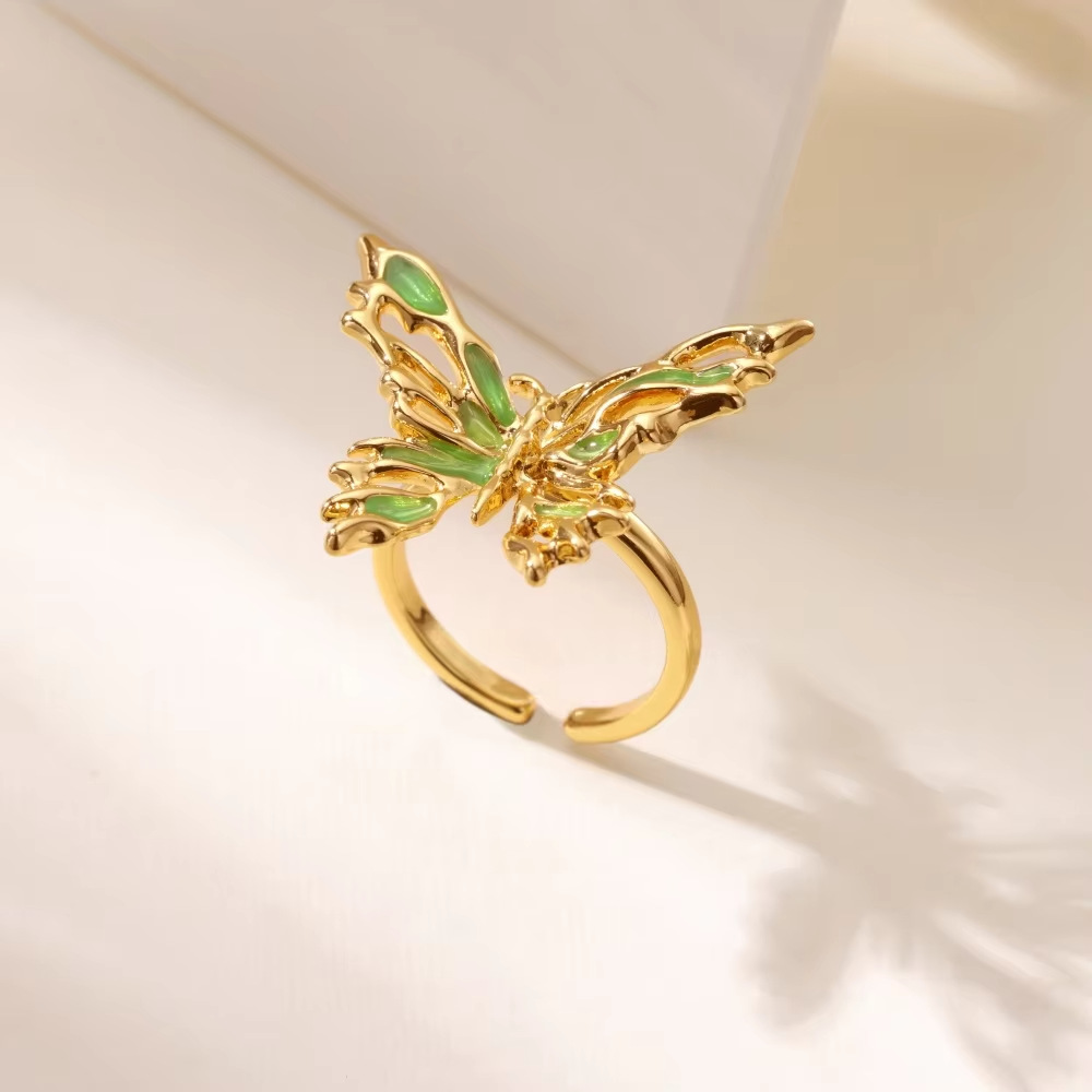PVD Coated Gold Plating Process Wholesale Jewelry IG Style Geometric Butterfly Dragon Copper Asymmetrical Enamel Open Rings