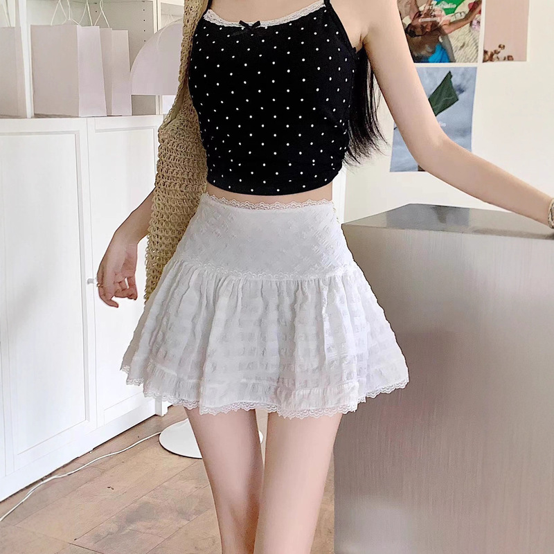 蕾丝花边蛋糕半身裙女夏季芭蕾风高腰a字短裙子小个子白色蓬蓬裙|undefined