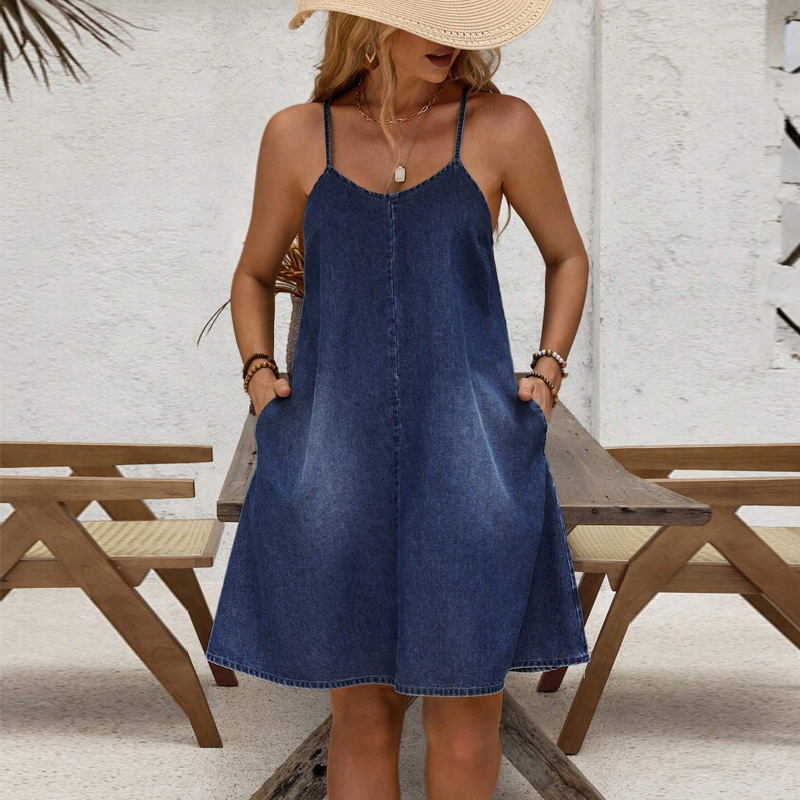 Women's Relaxed Style Denim Suspender Dress Casual Summer Clothing 218590 Cross Border Factory Direct Sales Regular Size_ecoleips.com