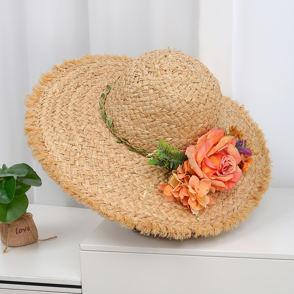 French Style Raffia Flower Straw Hat for Women - Summer Beach Wide Brim Sun Hat for UV Protection - Thumbnail 7
