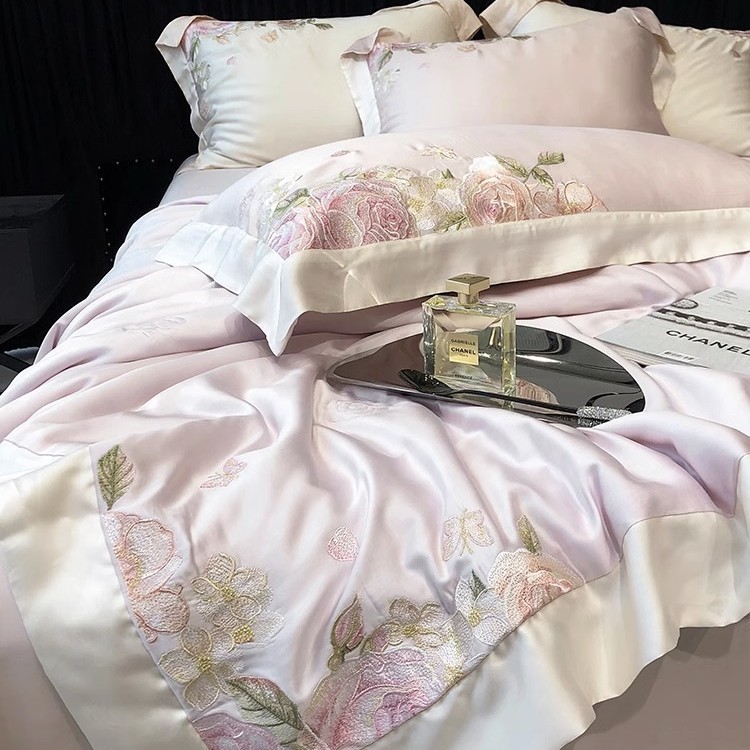 American Pastoral Flower Embroidery 100s Tencel Summer Cool Quilt Four-Piece Set Cool Ice Silk Air Conditioning Machine Wash by Naked Sleep