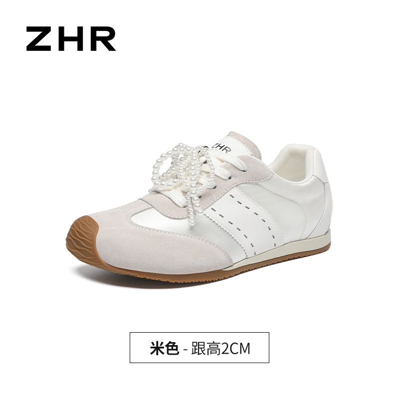 ZHR爆款阿甘鞋女2025新款珍珠缎面透气轻便板鞋平底红色德训鞋|undefined