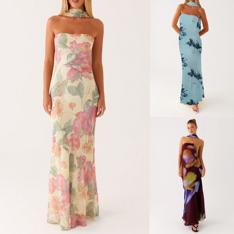 2026 European and American Floral Print Halter Neck Long Dress Slim Fit Sleeveless Dress Beach Gown Dress Petite Dress 2026 European and American Floral Print Halter Neck Long Dress Slim Fit Sleeveless Dress Beach Gown Dress Petite Dress