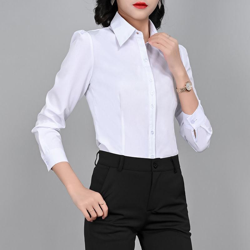 白衬衫女长袖白领修身职业工装春秋韩版收腰显瘦工作服方领白衬衫