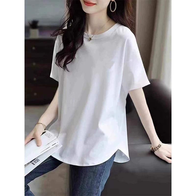 Хлопковая футболка средней длины с короткими рукавами женская летняя новая конструкция