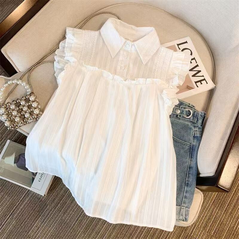 White Shirt for Women, French Style, Gentle Lapel, Sleeveless, Ruffled Flying Sleeves, Babydoll Shirt, Loose Fit, Tummy-Covering Chiffon Top
