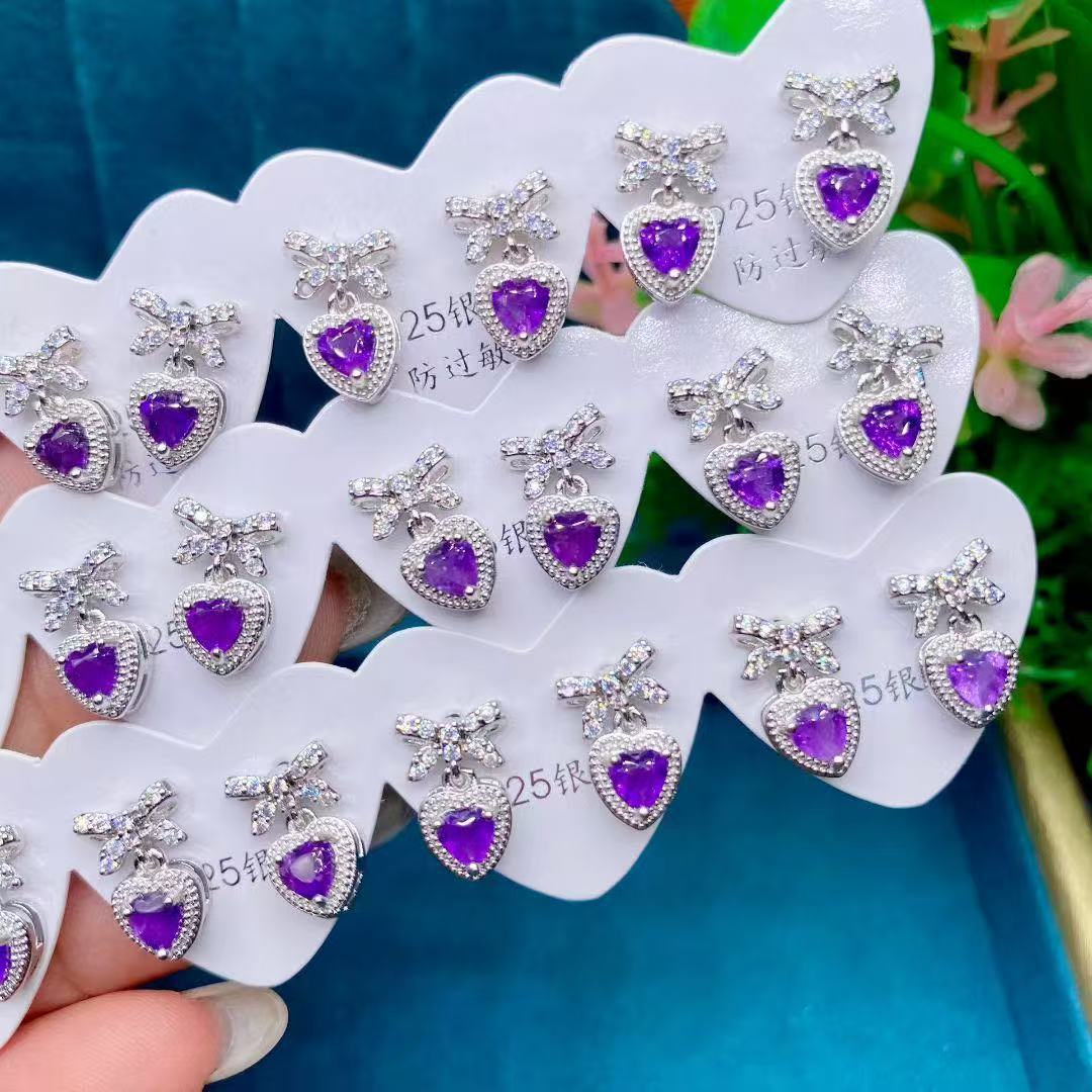 Natural Amethyst Earrings, Heart-Shaped Bow Style, Exquisite and Versatile, Niche Light Luxury Fashion Women's Accessories Wholesale