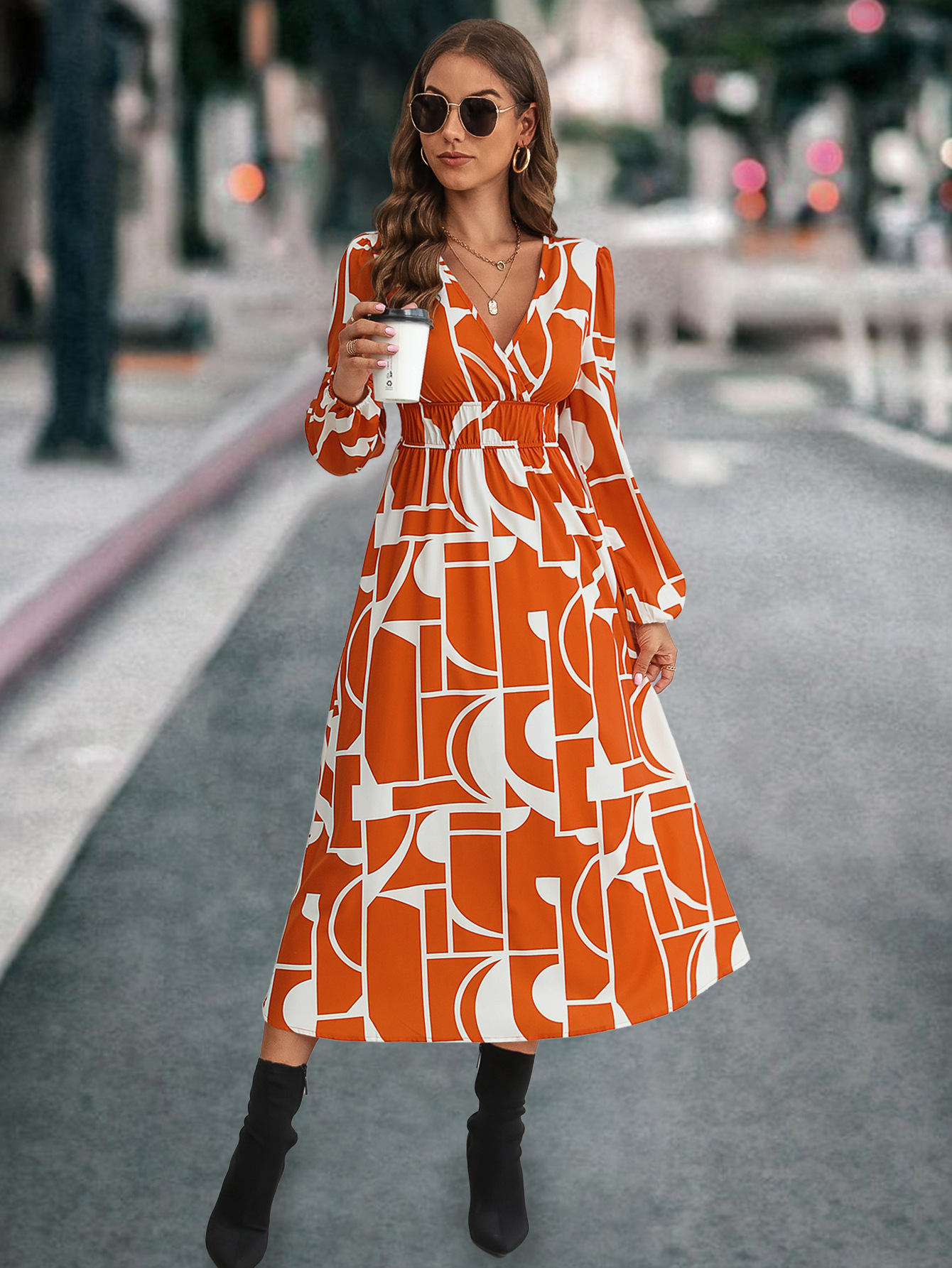 Robe imprimée à manches longues et col en V pour femmes, la plus vendue_voghion.com
