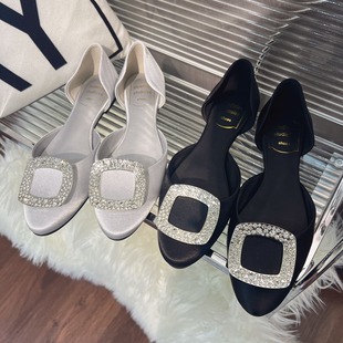 Grape Mom's Same Style~ Dreamy Crystal Fairy Round-Toe Square Diamond Hollow-Out Closed-Toe Sandals with a High-End Feel, Flat Shoes for Women