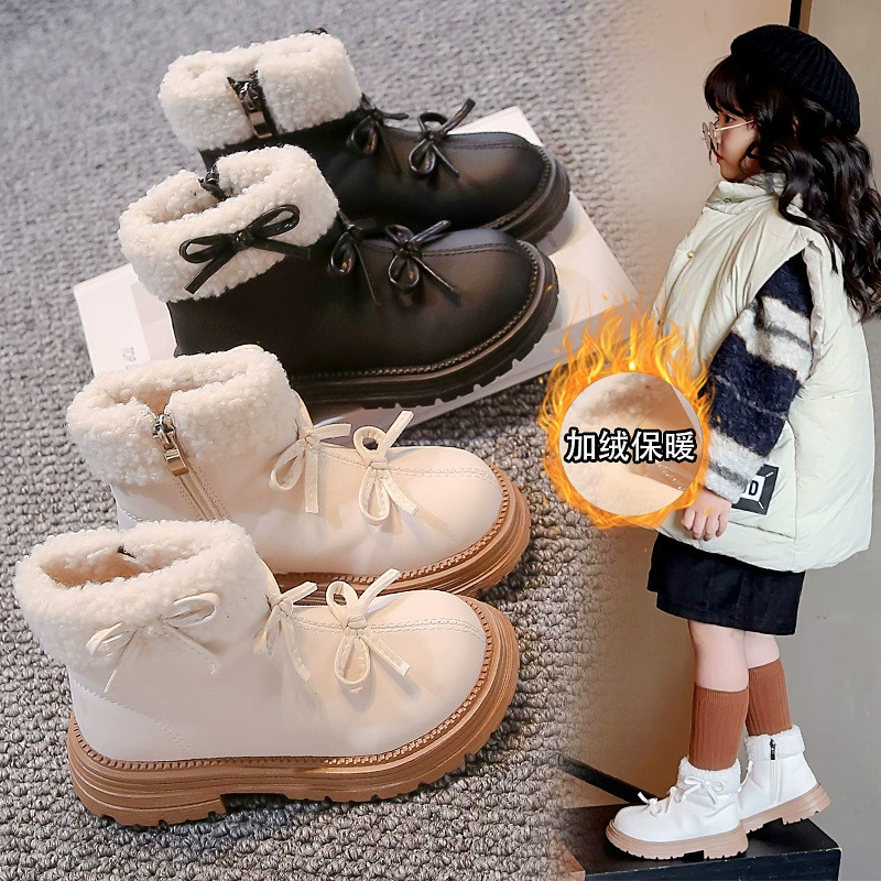 Девочки-принцессы сапоги иностранные бархатные кожаные сапоги для девочек мягкие подошвы 2024 зимние новые детские корейские двуххлопковые сапоги Мартин