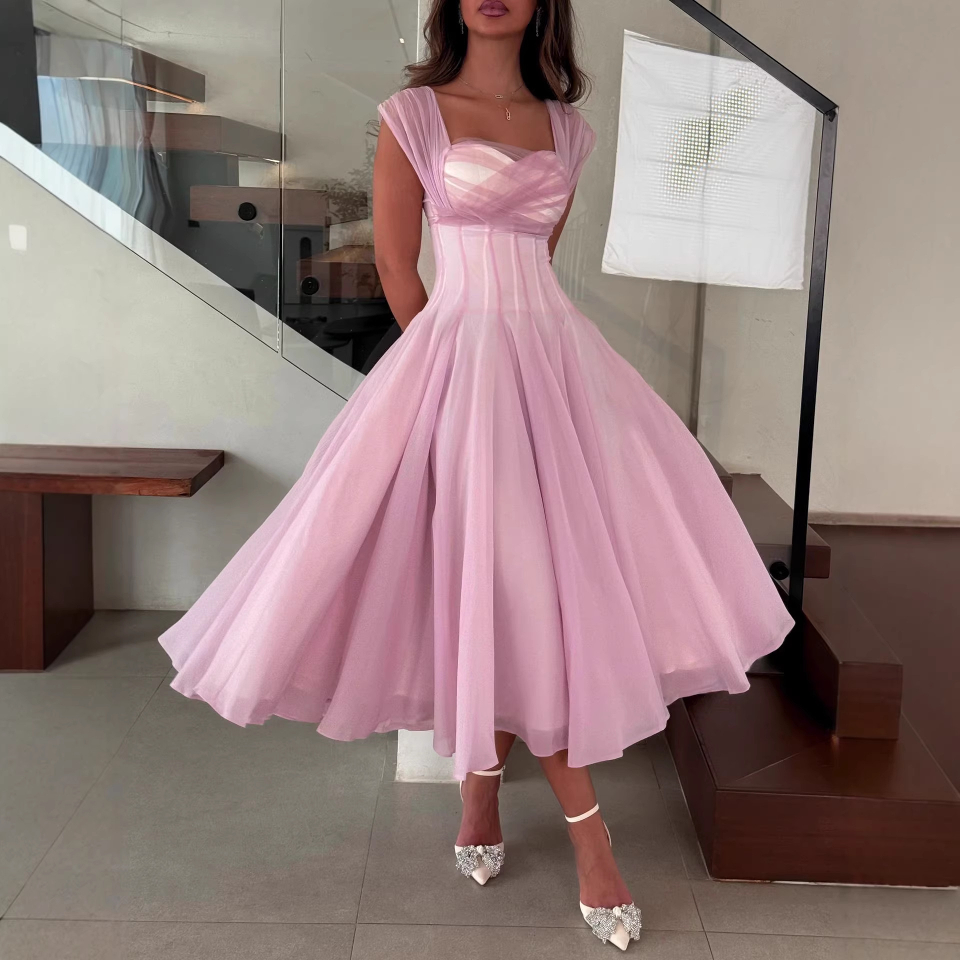 2025 New European and American Style Waist-Cinching Flared Dress for Women, Summer French Gentle Temperament White and Pink Long Dress