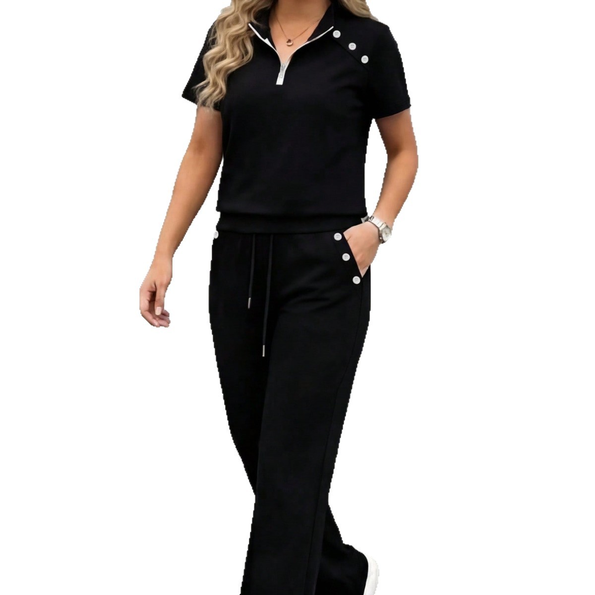 Women's Spring Summer Two-Piece Set: Collared Half-Zip Top With Elastic Waist Wide-Leg Pants, Casual Sporty Outfit_ecoleips.com