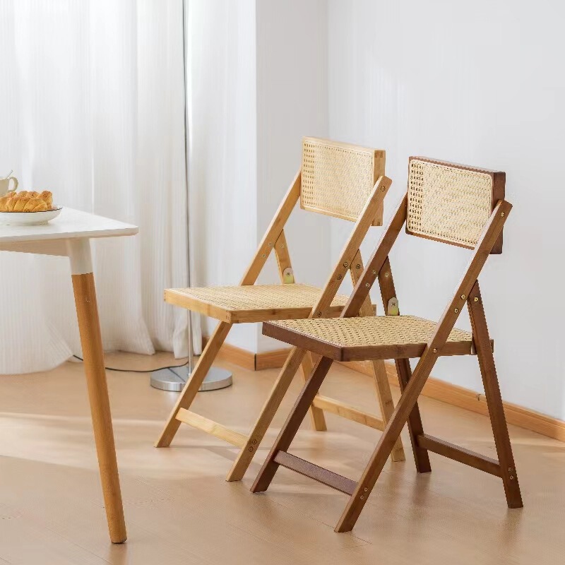 Rattan Chair Household Folding Chair Solid Wood Stool Homestay Leisure Backrest Chair Log Style Chair Silent Style Dining Chair