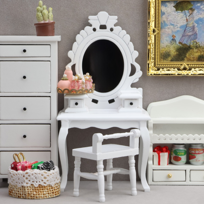 1:12娃娃屋dollhouse迷你小家具模型微缩卧室场景复古梳妆台凳子|undefined