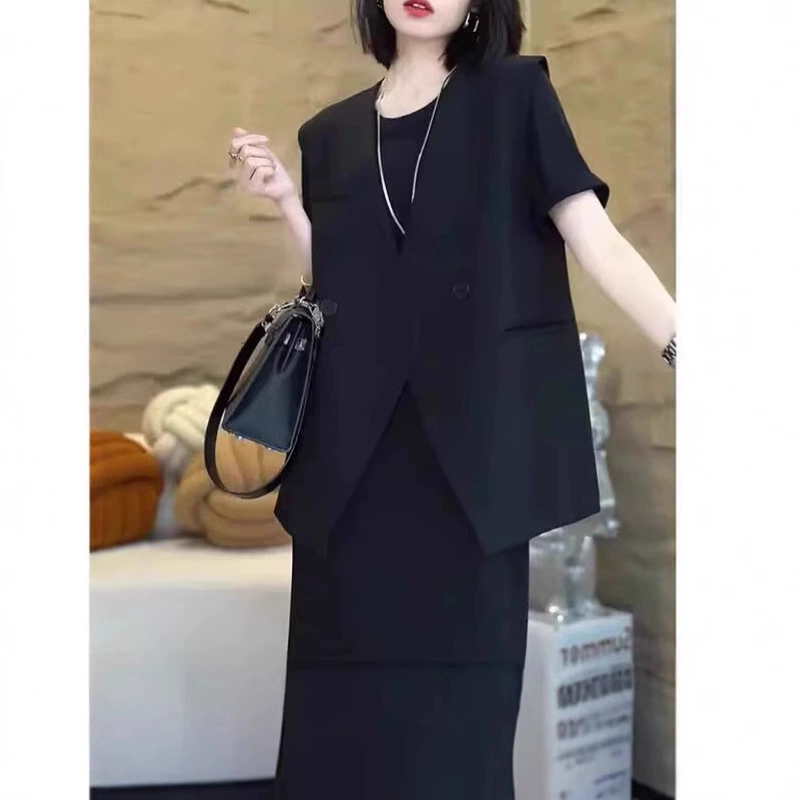 [Спот] Большой размер женская летняя толстая мм набор жакет для лошадей тонкая вязаная юбка с короткими рукавами средней и длинной юбкой из двух частей 6025