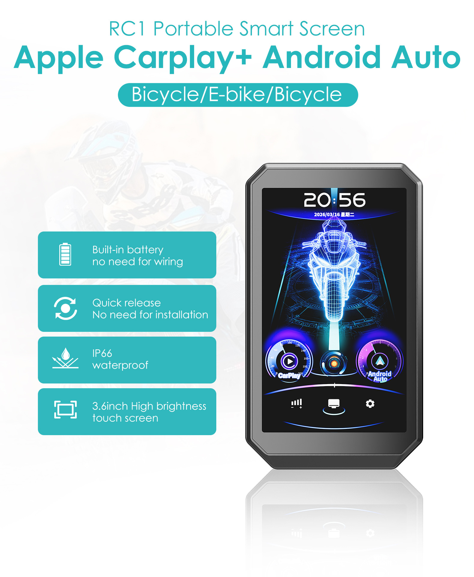 Cross-border new product 3.6inch portable smart cycling display screen with long battery life for motorcycle carplay navigation