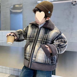 男童呢子大衣外套秋冬款25新款冬季加绒加厚中大儿童男孩冬装棉服