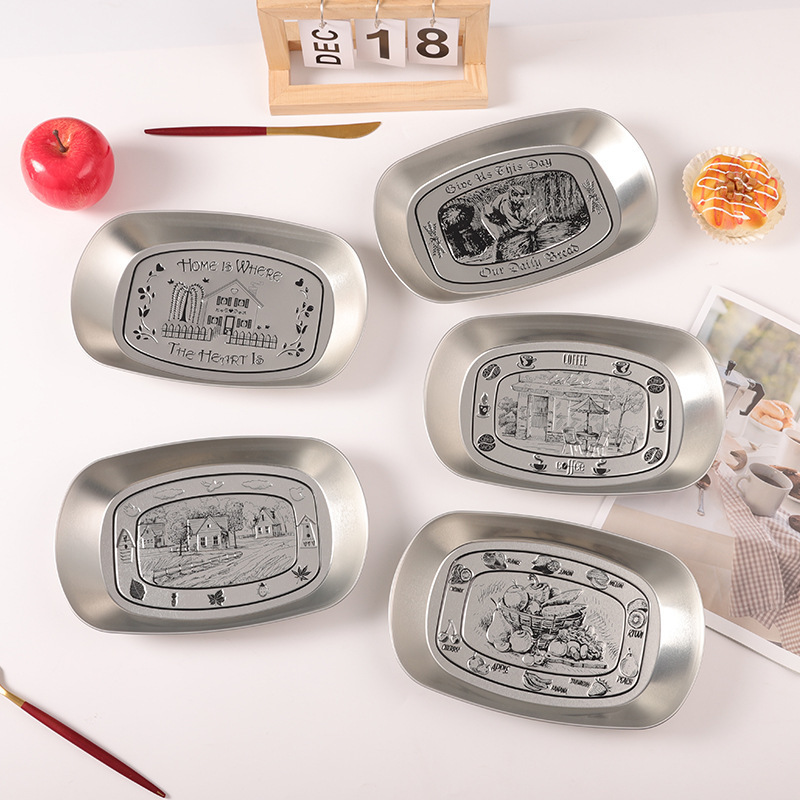 Retro Tinplate Creative Snack Plate Household Commercial Stainless Steel Plate French Fries Fried Chicken Barbecue Outdoor Picnic Plate