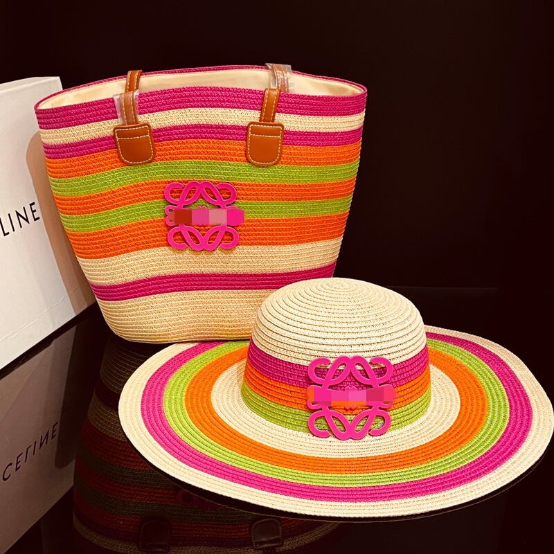 2026 Luowei Home Foreign Trade Colorful Straw Hat Bag Two-Piece Set Outdoor Travel Sun Hat Large Capacity Tote Bag