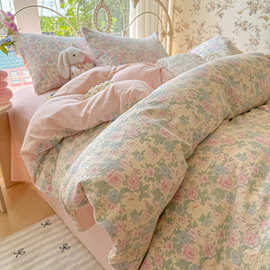 ins韩系小清新碎花床单被套四件套绿叶田园风宿舍三件套床上用品