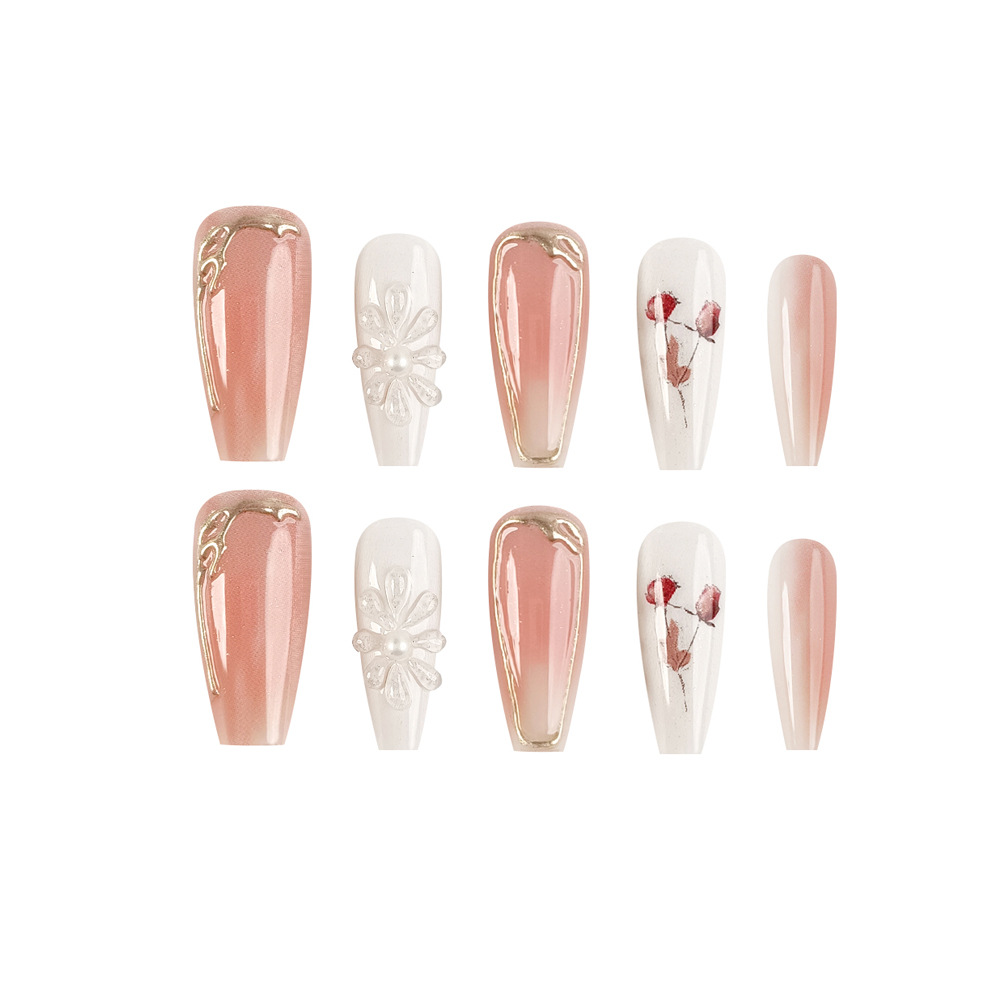3D polvo estereoscópico rosa blanca manicure ballet manicure elegante suave perforación de uñas 24 piezas parches de uñas de oro de licor