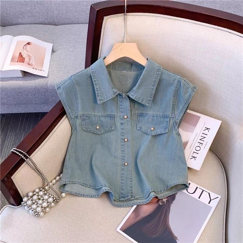 Recommended for Personal Collection~ Irregular Design Short Loose Denim Shirt with Small Flutter Sleeves for Women, Summer 2026