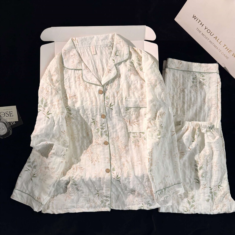 Wholesale women's pajamas for spring and autumn, cloud cotton turn-down collar cardigan, college style, long-sleeved, loose, sweet home wear women's set Wholesale women's pajamas for spring and autumn, cloud cotton turn-down collar cardigan, college style, long-sleeved, loose, sweet home wear women's set