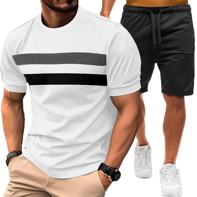 夏のスポーツとレジャー半袖ラウンドネック T シャツ 2025 新しいクロスボーダーカラーブロック半袖メンズスーツ|undefined
