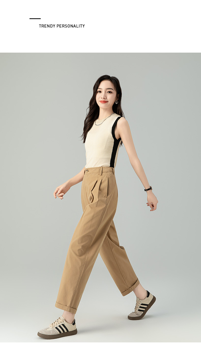 Quần ống rộng nữ vải Tencel cotton mỏng mùa xuân hè, dáng suông thon gọn ống thẳng — Màu kaki chi tiết 26