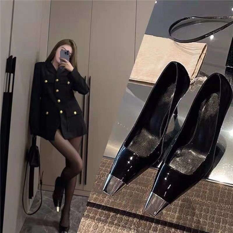 Park Caiying Rose Same Style New Black High Heels Metal Patent Leather Pointed Toe Toe Sandals Versatile Stiletto Shoes for Women