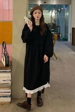 2024秋季新款韩版收腰荷叶边洋气拼接中长款气质长袖连衣裙女装