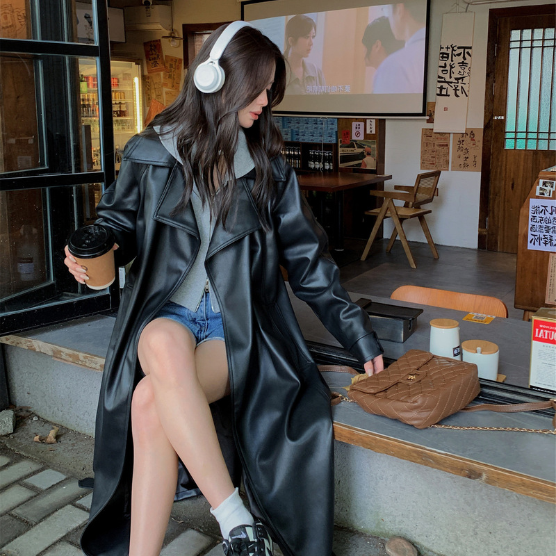 Hong Kong Style Vintage Suit Collar Loose Lace Waistline Black PU Coat Long Coat Women's Real Shot New Elegant Leather Coat