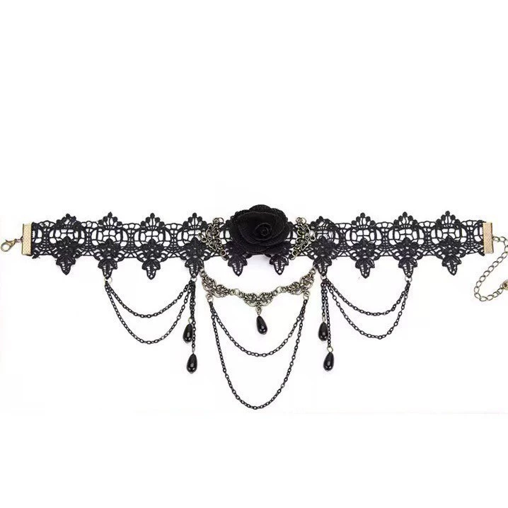 Black accessory, necklace with tassels, pendant, choker, floral print