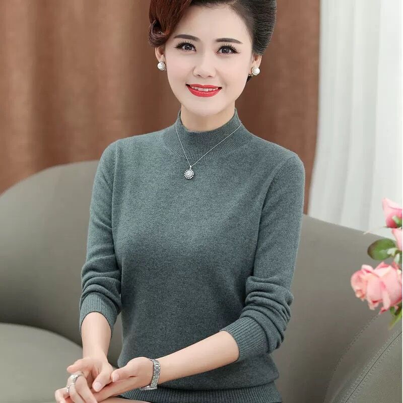 Middle-Aged Mother's Knitted Sweater for Middle-Aged and Elderly Women, Autumn and Winter Base Shirt, Half Turtleneck Inner Sweater, Fashionable Style