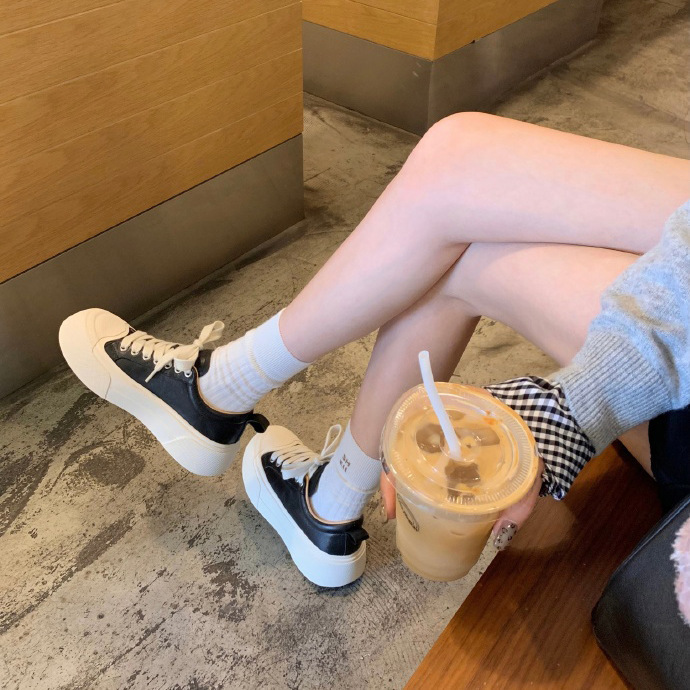 Cowhide Version ~ Grape Ma Same Style Washed Horsehide Platform Thick-Soled Sports and Leisure Sneakers for Women with Inner Heightening White Shoes