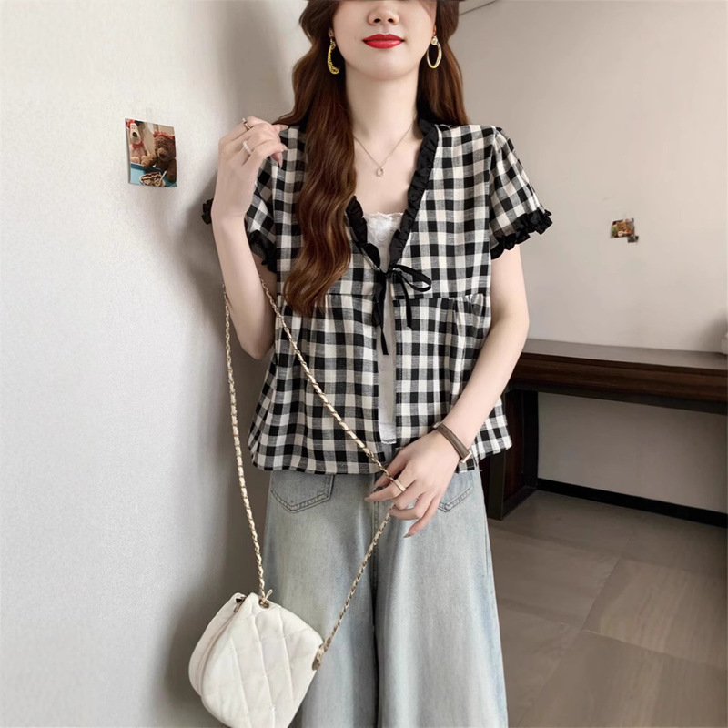 Korean Style Sweet Elegant Small Shirt Lace-up Fake Two-piece Slim Shirt Retro Plaid Age-reducing Top Women's Summer New
