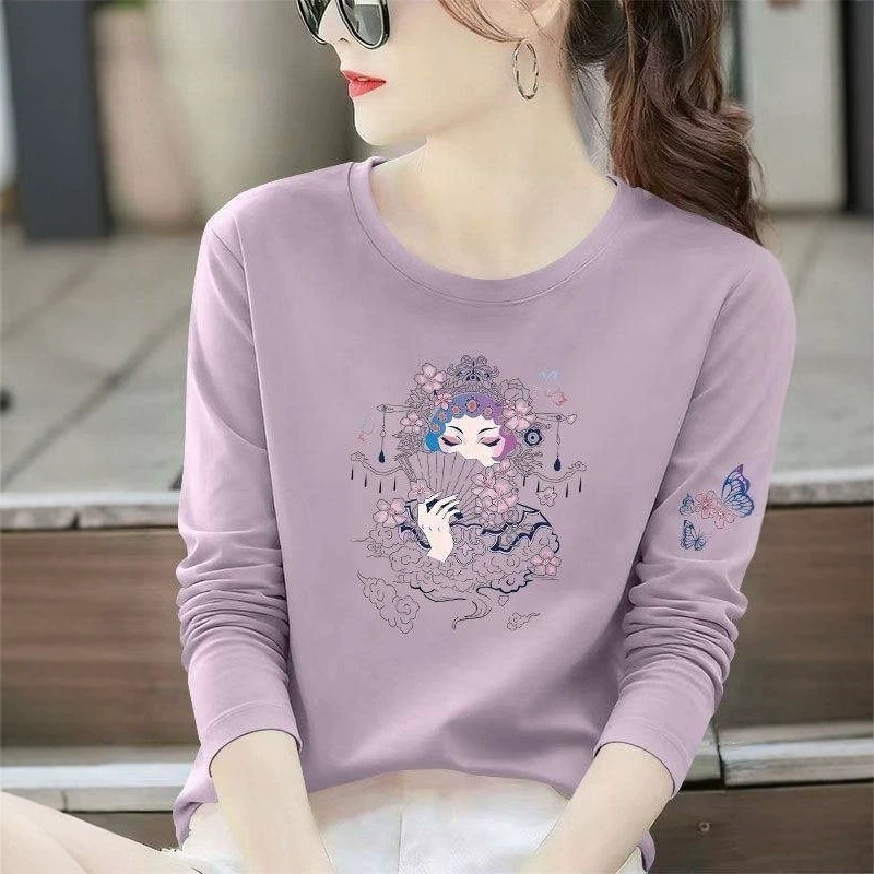 Spring and Autumn Pure Cotton Round Neck Long Sleeve Printed T-Shirt for Women, Fashionable Commuting Korean Style Versatile Slimming Top Spring and Autumn Pure Cotton Round Neck Long Sleeve Printed T-Shirt for Women, Fashionable Commuting Korean Style Versatile Slimming Top