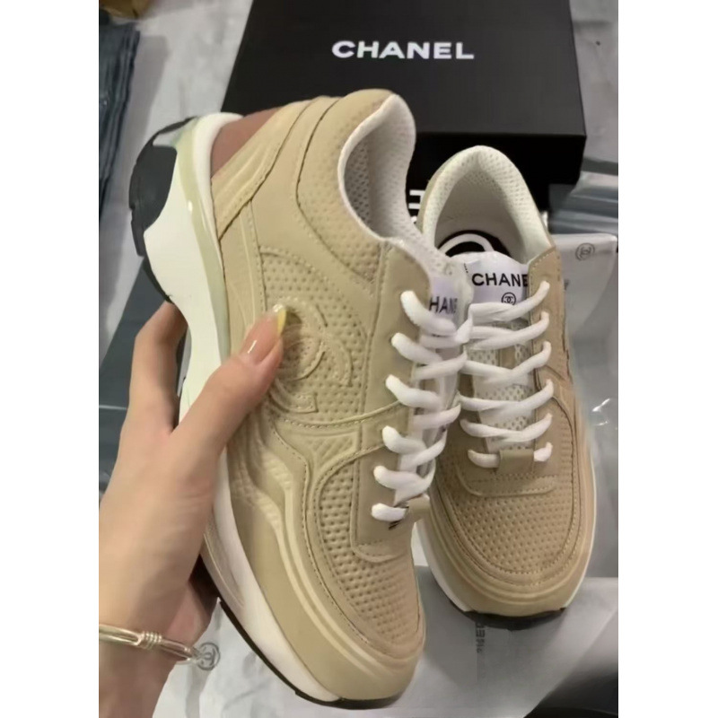 Chanel CC Logo Sneaker Mesh Suede Low Beige
