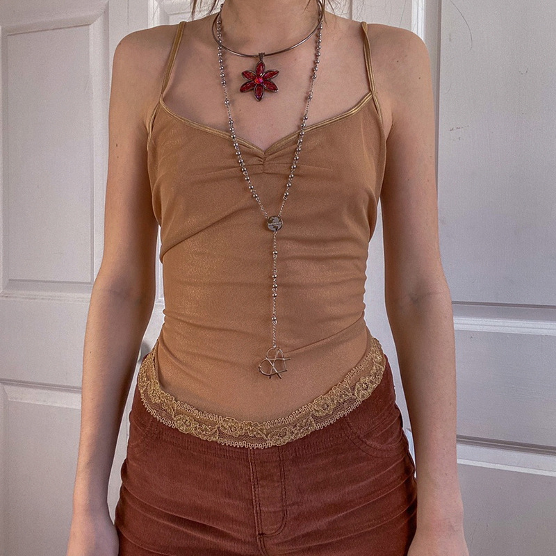 summer brown perspective mesh low-cut backless camisole NSSSN119647