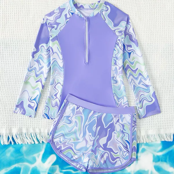 2025 New Kidsren's Split Swimsuit Yoga Wear Cute Zipper Long-Sleeved Quick-Drying Split Swimsuit Beach Swimsuit