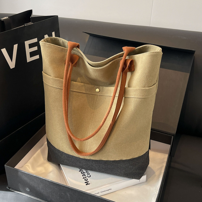 Korean style fashion stitching large capacity thick bucket canvas bag 2024 new texture casual all-match shoulder bag