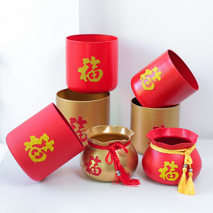 新年春节福桶空桶发财红果插花抱抱桶材料过年摆件金属福桶盆喜庆-阿里巴巴