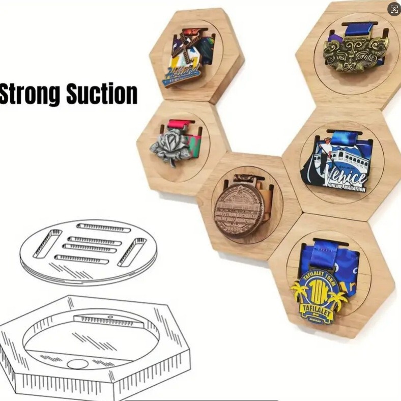 In-stock wooden wall-mounted medal display rack, hexagonal decorative medal storage rack for wall mounting In-stock wooden wall-mounted medal display rack, hexagonal decorative medal storage rack for wall mounting