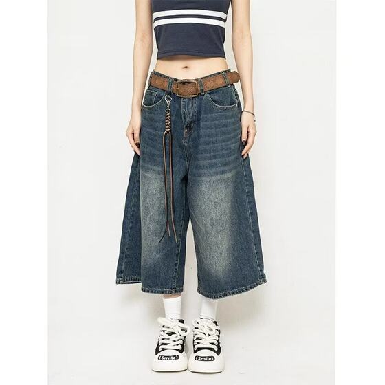 Summer Niche All-match American Style Retro Old Blue Denim Shorts Men's Loose Straight Wide Leg Cropped Pants Draped