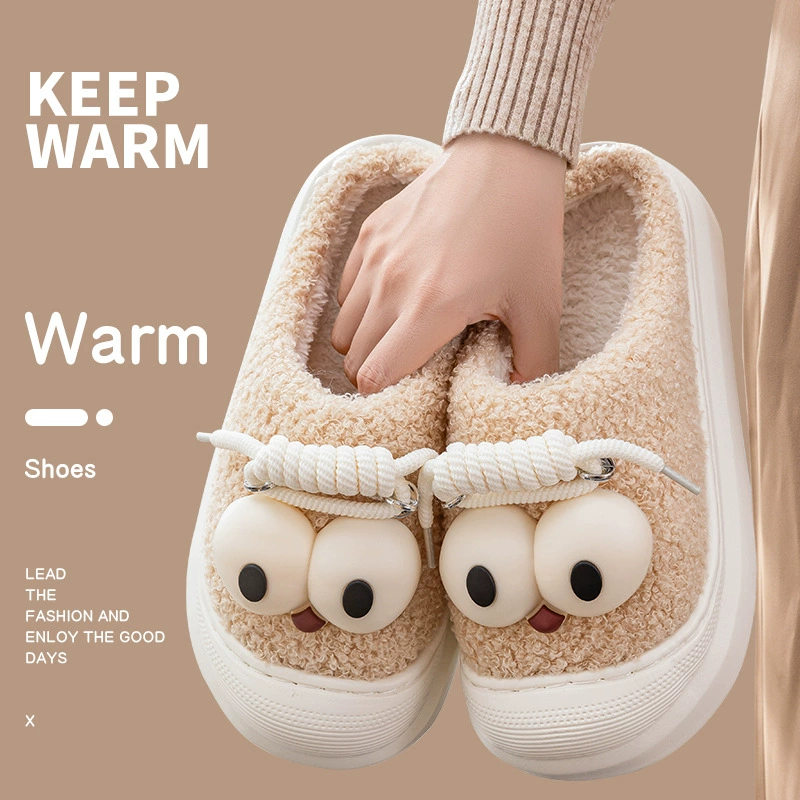 Симпатичные мультяшные хлопчатобумажные тапочки женские зимние противоскользящие комнатные домашние противоударные большие глаза теплые плюшевые хлопчатобумажные тапочки