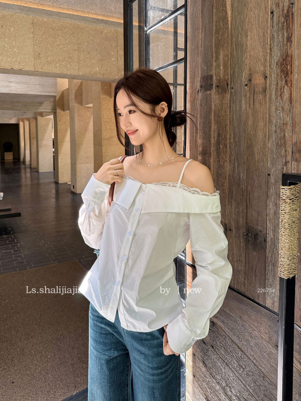 LS 优雅极简蕾丝拼接衬衫上衣 广州十三行2025早秋新品女装22675#|undefined