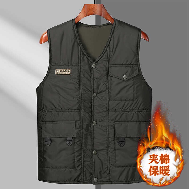 Otoño y invierno hombre casual chaleco de algodón Papa abrigo abrigo abrigo holgado grueso de color sólido sin mangas hombros