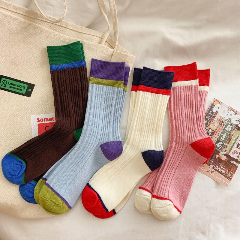 Light luxury internet celebrity color matching mid-calf socks men and women ins trendy modern retro pile socks girl pink cotton stockings