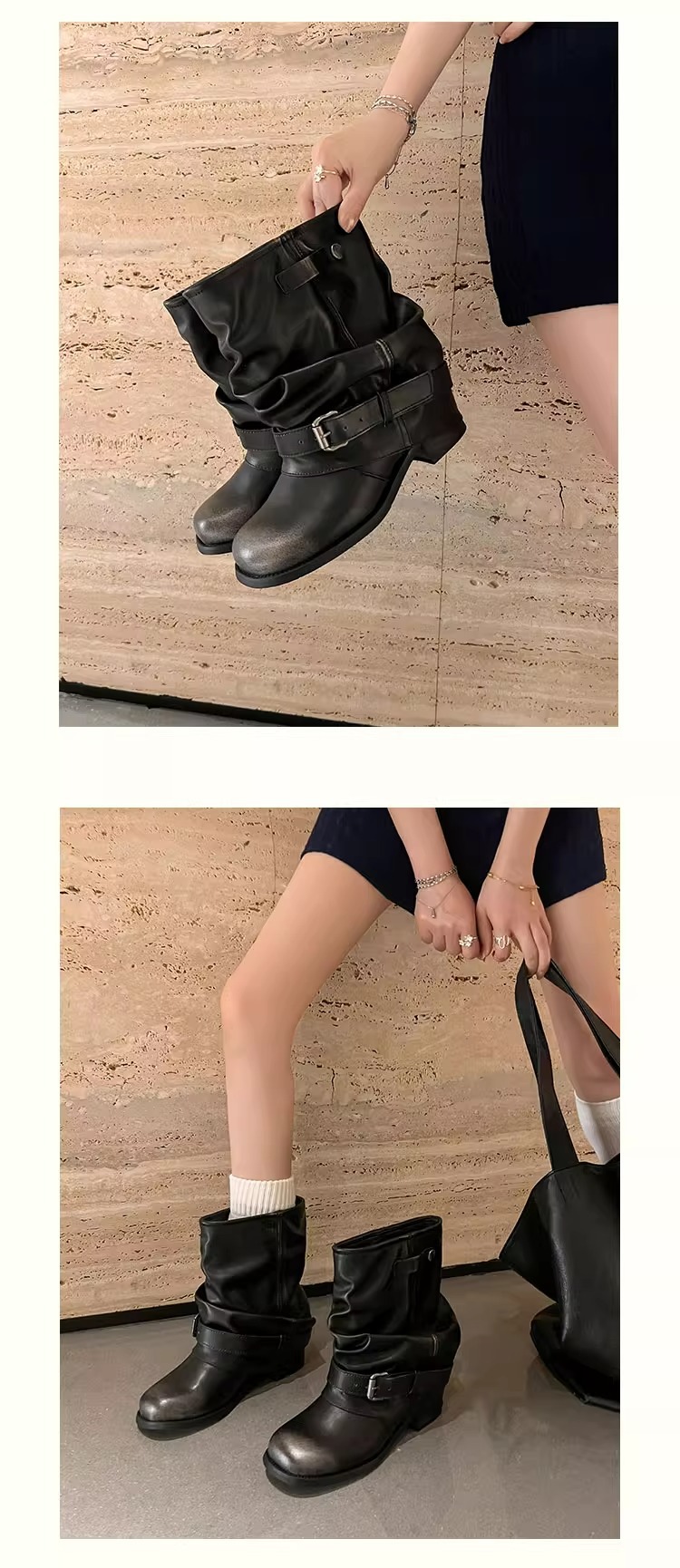 Wide-leg Stacked Pleated Cuff Western Cowboy Chunky Heel Riding Short Boots 2025 Fall/Winter New Style Fashionable And Versatile_voghion.com