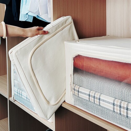 Transparent large window organizer storage box polyester cotton thick spray plastic steel frame three window cotton and linen box wholesale